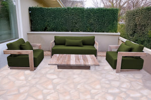 4 pc Hermosa Teak Deep Seating Loveseat 49" Coffee Table. Sunbrella Cushion