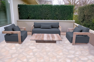 4 pc Hermosa Teak Deep Seating Loveseat 49" Coffee Table. Sunbrella Cushion