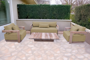 4 pc Hermosa Teak Deep Seating Loveseat 49" Coffee Table. Sunbrella Cushion