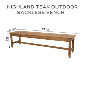 Highland Teak Outdoor Backless Bench. Sunbrella Cushion