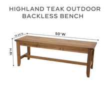 Highland Teak Outdoor Backless Bench. Sunbrella Cushion