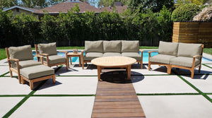 7 pc Huntington Teak Deep Seating Sofa Set with 52" Chat Table. Sunbrella Cushion.