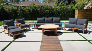 7 pc Huntington Teak Deep Seating Sofa Set with 52" Chat Table. Sunbrella Cushion.