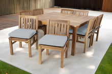9 pc Huntington Teak Dining Set with 64" Square Dining Table. Sunbrella Cushion