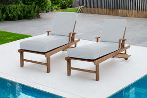 Set of 2 Huntington Teak Outdoor Chaise Lounger with Wheels Sunbrella Cushion.