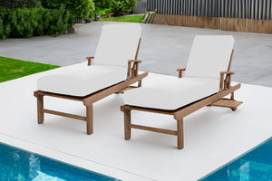 Set of 2 Huntington Teak Outdoor Chaise Lounger with Wheels Sunbrella Cushion.
