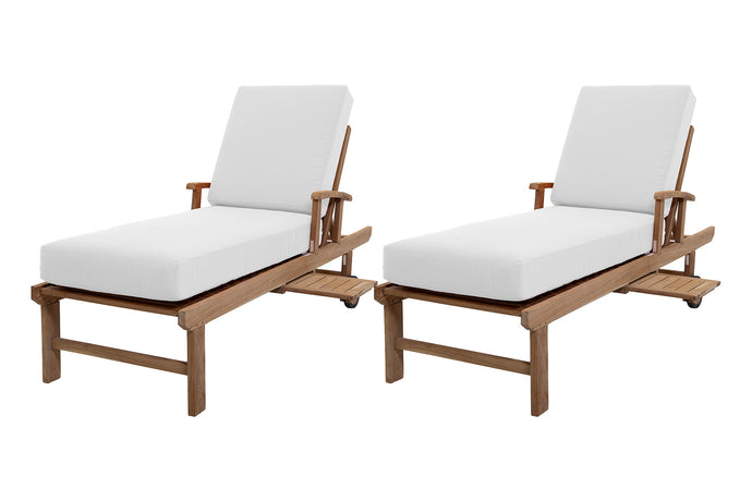 Set of 2 Huntington Teak Outdoor Chaise Lounger with Wheels Sunbrella Cushion.