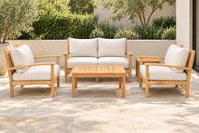 5 pc Huntington Teak Loveseat Deep Seating Set with Coffee Table. Sunbrella Cushion.