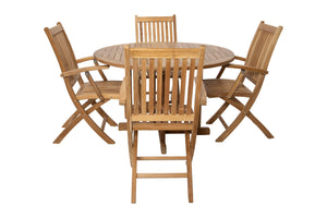 5 pc Lakeland Teak Folding Arm Chair Dining Set with 48" Round Drop Leaf Table