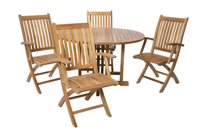 5 pc Lakeland Teak Folding Arm Chair Dining Set with 48