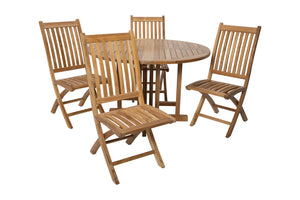 5 pc Lakeland Teak Folding Armless Chair Dining Set with 48" Round Drop Leaf Table