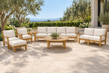 7 pc Huntington Teak Deep Seating Deluxe Sofa Set with 52" Chat Table. Sunbrella Cushion.