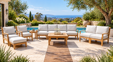 7 pc Huntington Teak Deep Seating Deluxe Sofa Set with 36" Chat Table. Sunbrella Cushion.
