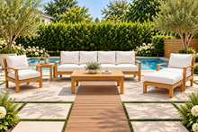 6 pc Huntington Teak Outdoor Deluxe Sofa Deep Seating Group with 36" Chat Table. Sunbrella Cushion