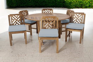 7 pc Monterey Teak Armless Dining Set with 60" Round Dining Table. Sunbrella Cushion.
