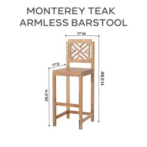 Set of 2 Monterey Outdoor Teak Armless Barstool. Sunbrella Cushion.