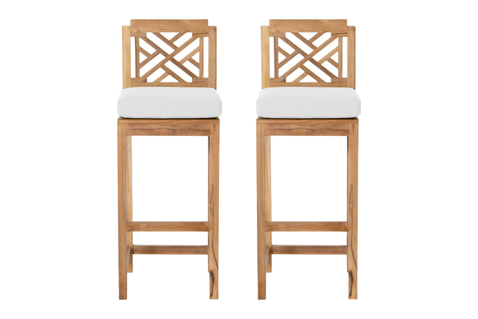 Set of 2 Monterey Outdoor Teak Armless Barstool. Sunbrella Cushion.