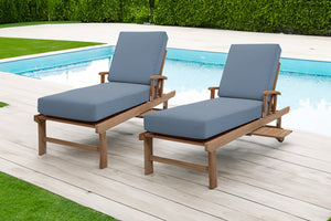 Set of 2 Monterey Teak Outdoor Chaise Lounger with Wheels Sunbrella Cushion.