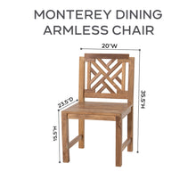 Set of 2 Monterey Teak Outdoor Dining Armless Chair. Sunbrella Cushion.