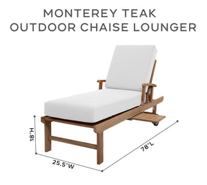 Set of 2 Monterey Teak Outdoor Chaise Lounger with Wheels Sunbrella Cushion.