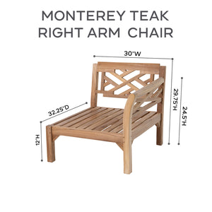 Monterey Teak Outdoor Right Arm Chair. Sunbrella Cushion