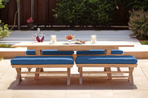5 pc Newport Teak Backless Bench Dining Set with Expansion Table. Sunbrella Cushion.