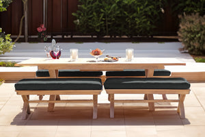 5 pc Newport Teak Backless Bench Dining Set with Expansion Table. Sunbrella Cushion.