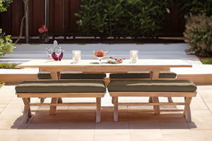 5 pc Newport Teak Backless Bench Dining Set with Expansion Table. Sunbrella Cushion.