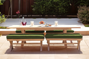 5 pc Newport Teak Backless Bench Dining Set with Expansion Table. Sunbrella Cushion.