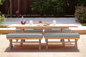 5 pc Newport Teak Backless Bench Dining Set with Expansion Table. Sunbrella Cushion.