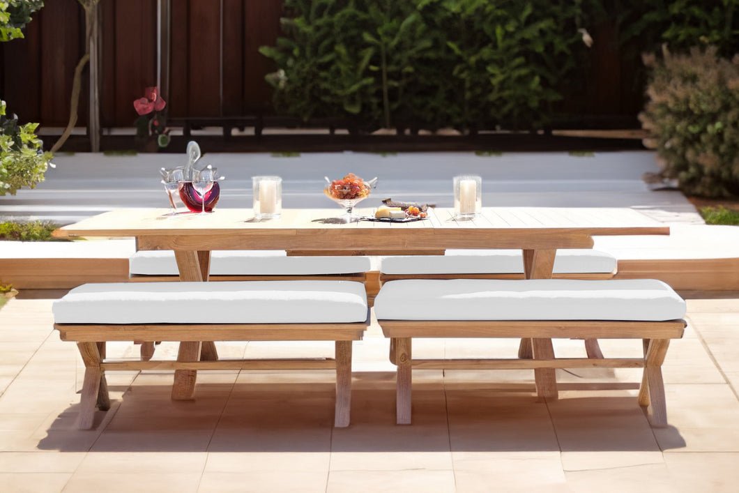 5 pc Newport Teak Backless Bench Dining Set with Expansion Table. Sunbrella Cushion.