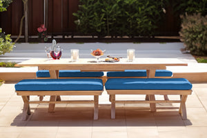 5 pc Newport Teak Backless Bench Dining Set with Expansion Table. Sunbrella Cushion.