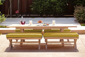 5 pc Newport Teak Backless Bench Dining Set with Expansion Table. Sunbrella Cushion.