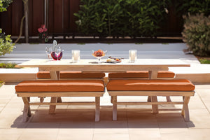 5 pc Newport Teak Backless Bench Dining Set with Expansion Table. Sunbrella Cushion.