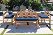 5 pc Newport Teak Bench Dining Set with Expansion Table. Sunbrella Cushion.
