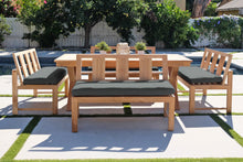 5 pc Newport Teak Bench Dining Set with Expansion Table. Sunbrella Cushion.