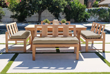 5 pc Newport Teak Bench Dining Set with Expansion Table. Sunbrella Cushion.