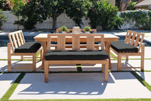 5 pc Newport Teak Bench Dining Set with Expansion Table. Sunbrella Cushion.
