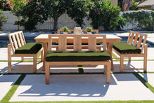 5 pc Newport Teak Bench Dining Set with Expansion Table. Sunbrella Cushion.