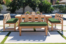 5 pc Newport Teak Bench Dining Set with Expansion Table. Sunbrella Cushion.