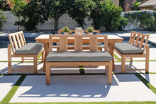 5 pc Newport Teak Bench Dining Set with Expansion Table. Sunbrella Cushion.