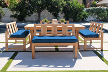 5 pc Newport Teak Bench Dining Set with Expansion Table. Sunbrella Cushion.