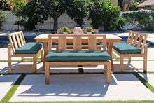 5 pc Newport Teak Bench Dining Set with Expansion Table. Sunbrella Cushion.