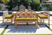 5 pc Newport Teak Bench Dining Set with Expansion Table. Sunbrella Cushion.
