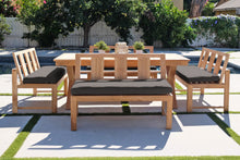 5 pc Newport Teak Bench Dining Set with Expansion Table. Sunbrella Cushion.