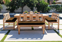 5 pc Newport Teak Bench Dining Set with Expansion Table. Sunbrella Cushion.