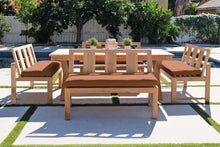 5 pc Newport Teak Bench Dining Set with Expansion Table. Sunbrella Cushion.