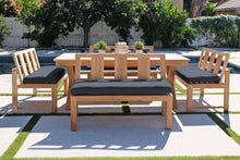 5 pc Newport Teak Bench Dining Set with Expansion Table. Sunbrella Cushion.