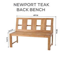 Newport Teak Outdoor Bench with Back. Sunbrella Cushion