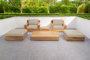 6 pc Pacific Teak Club Chair Chat Group with Coffee and End Table. Sunbrella Cushion.